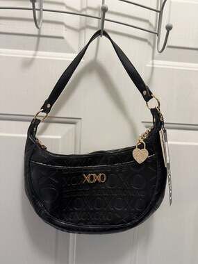 XOXO Black Emblem Embossed Half Moon Shoulder Bag with Rhinestone Heart Charm